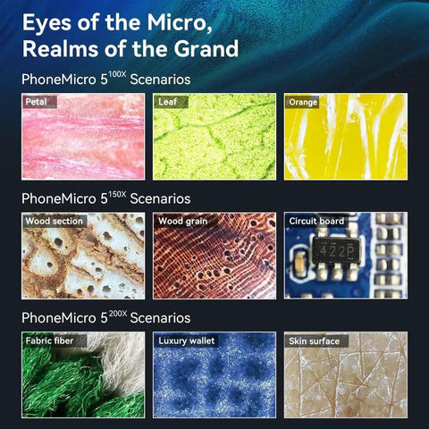 Magnified coin surface under 200X Phone Microscope Lens With CPL Filter And LED Light, detailed texture visible.