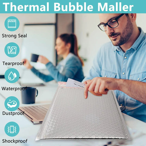 Person sealing Metallic Thermal Bubble Mailers 8x11 Inches Waterproof Padded Envelopes Self Seal Foil Mailing Envelopes Insulated