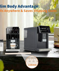 Heavy Duty Espresso Coffee Maker With Adjustable Grinder And Automatic Milk Frother, Featuring A Removable Brewer, Detachable Milk Cup, Triple Flavor Settings, And Sleek Black Finish For Game Changing Morning Sips on a kitchen counter with a measuring ruler.
