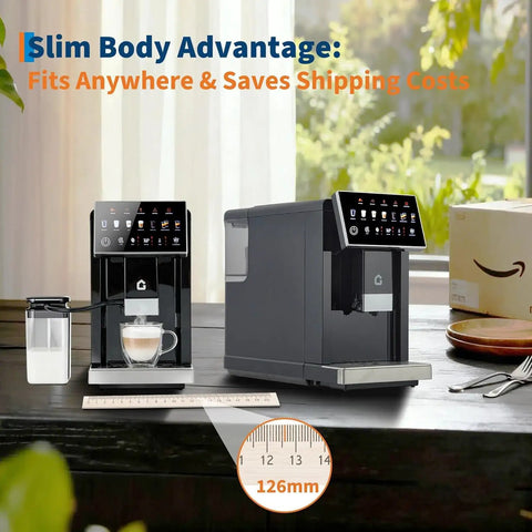 Heavy Duty Espresso Coffee Maker With Adjustable Grinder And Automatic Milk Frother, Featuring A Removable Brewer, Detachable Milk Cup, Triple Flavor Settings, And Sleek Black Finish For Game Changing Morning Sips on a kitchen counter with a measuring ruler.