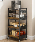 Sleek Four Tier Rolling Storage Cart Built With Sturdy Metal And Smooth Wood Shelves, fully stocked coffee station setup.
