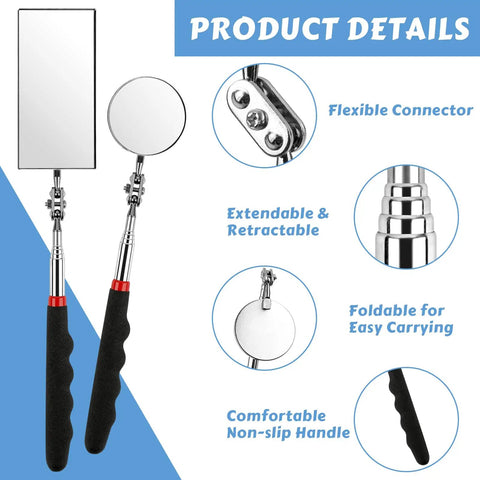 Two Piece Telescoping Inspection Mirror Set With 360 Degree Swivel And Extendable Arm Includes Round 2.05 Inch And Rectangular 3.94 By 1.96 Inch Mirrors For Mechanics Automotive Repair Contractors And Home Inspection featuring flexible connectors and non-slip handles.