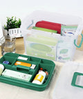 Clear Storage Box With Removable Divider Tray For Easy First Aid And Medicine Organization See Through Plastic Box You Can Grab And Go The Go To Home Medical Kit Storage With Quick Access And Visibility, showing tray with medicine.