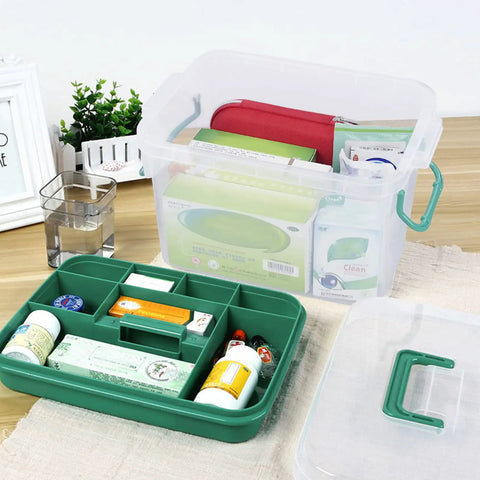 Clear Storage Box With Removable Divider Tray For Easy First Aid And Medicine Organization See Through Plastic Box You Can Grab And Go The Go To Home Medical Kit Storage With Quick Access And Visibility, showing tray with medicine.