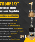 Exploded view of 1/2 inch brass boiler water pressure regulator with seals and fittings.