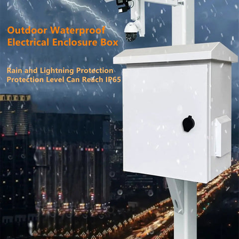 Hella Durable Outdoor Electrical Box With IP65 Waterproof Steel Cabinet And Dead Simple One Piece Ventilation Shell, mounted in rain.