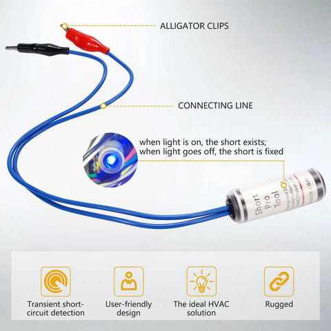 24 VAC Circuit Short Finder Tester With Bright LED Indicator For Real Time Status, Fast Fault Locating, Automatic Reset, Compact Pro Tool For Electrical Troubleshooting In 24 Volt Systems, blue leads and alligator clips