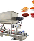 Heavy Duty Horizontal Pneumatic Paste Filling Machine Featuring Dual Nozzles And A Stainless Steel Heating Mixing Hopper with sauces.