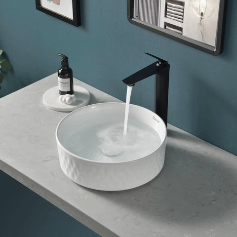 Round Ceramic Vessel Bathroom Sink With Pop Up Drain, Above Counter Vanity Sink For Modern Bathrooms, 14.2 Inch, faucet running