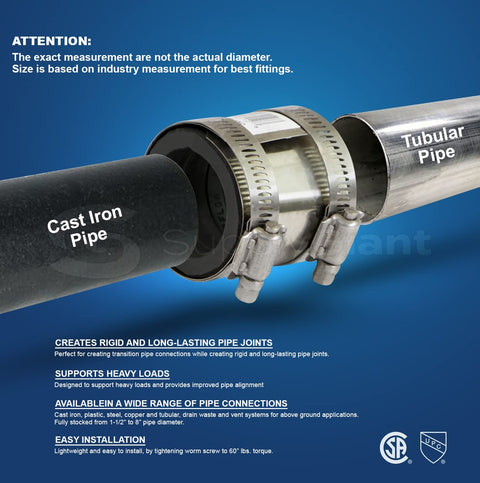 Shielded Transition Coupling For 1-1/2 Inch Tubular To 2 Inch Cast Iron Plastic Or Steel Pipes, Heavy Duty, Rigid Joints, Wide Range Of Pipe Connections on cast iron and tubular pipe
