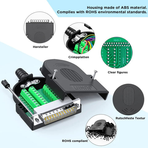 No Soldering Needed DB25 Male And Female Serial Adapters Kit with ABS housing and ROHS compliance, features terminal connectors inside view.