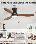 Top Notch 42 Inch Ceiling Fan With Soft Warm Light, App And Smart Remote Control, Dead Silent Dc Motor, Three Handcrafted Wood Blades, Smooth Six Speed Airflow, Cozy Bedroom Patio Glow Up in a modern living space.
