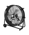24 Inch Industrial Drum Fan Moving 8100 Cfm Of Air 3 Speed Heavy Duty Metal Shop Fan For Jobsites Is A Real Deal With Adjustable Tilt Head Top Shelf Build Black on wheels.