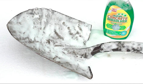 Green Concrete Dissolver Foam Spray 22oz, Biodegradable Non Corrosive Formula on tool, rapidly turns hardened concrete to mush.