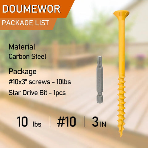 10 X 3 Deck Screws 10 Lb Box Exterior Epoxy Coated Wood Screws Rust Resistant For Outdoor Decking Torx Drive T25 Bit Included Weatherproof Ideal For Harsh Sun Rain Snow, shown with a Torx drive bit and packaging details.