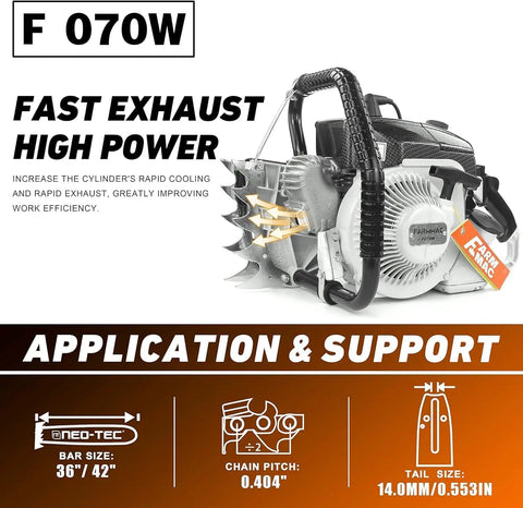 105cc Gas Chainsaw With 42 Inch Alloy Bar Powerhead 6.5HP 4.8KW Pro Heavy Duty Saw For Milling And Tough Timber shown with specs.