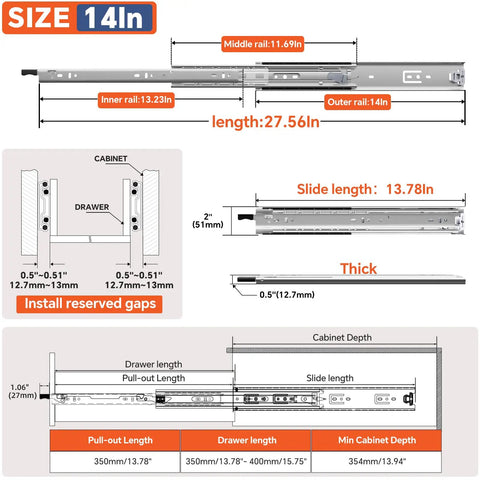 Heavy Duty Drawer Slides With Lock 14 Inch 150 Lb Load Side Mount Full Extension Ball Bearing Replacement Cabinet Locking Rail Tool Box Runner Ideal For Cabinets RVs Trucks And Heavy Duty Tool Boxes size diagram