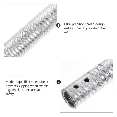 Close-up of steel Dumbbell Connecting Bar for Home Gym Use with anti-slip grip, showing thread design and holes.