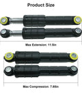 4 Pack Washer Shock Absorbers For Front Load Washers Compatible With Models Including WF20 WF21 WF32 WF33 WF35 WF39 shown in max extension and compression sizes.