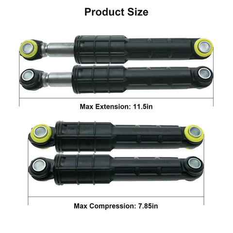 4 Pack Washer Shock Absorbers For Front Load Washers Compatible With Models Including WF20 WF21 WF32 WF33 WF35 WF39 shown in max extension and compression sizes.
