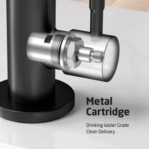 Close-up of Metal Cartridge on Knockout Matte Black Reverse Osmosis Kitchen Faucet, NSF Certified Lead Free Drinking Water Tap.