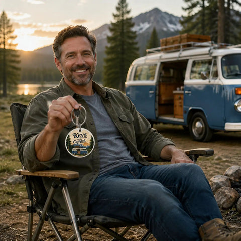 Man holding Camper Keychain For RV Lovers And Road Trip Fans by a blue van, mountain backdrop in camping setting