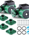 Heavy Duty Hot Water Circulation Pump Two Pack With Slick Booster Kit For House And Shop Use 110 Volt, green cast iron pumps with hardware.