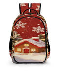 Red Winter Xmas Scene Printed Unisex Backpack Large Capacity Crafted From Durable Polyester With Breathable Panels shows snow scene