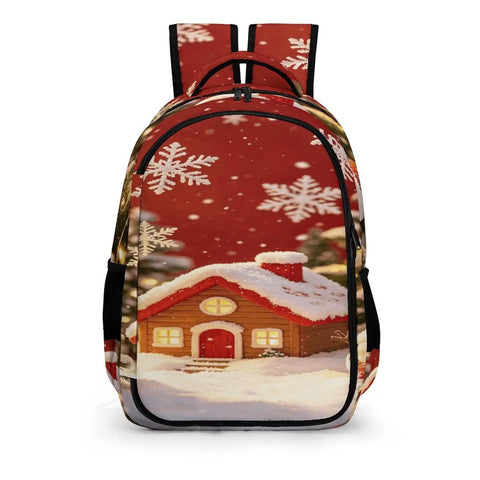 Red Winter Xmas Scene Printed Unisex Backpack Large Capacity Crafted From Durable Polyester With Breathable Panels shows snow scene