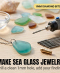 1mm Diamond Drill Bit Set With Collet 20Piece Pro Grade Glass Stone Seashells And Gemstones Drill Bits For Dremel Rotary Tools Jewelry Making And DIY Craft Projects shown with Dremel tool, sea glass and pendant