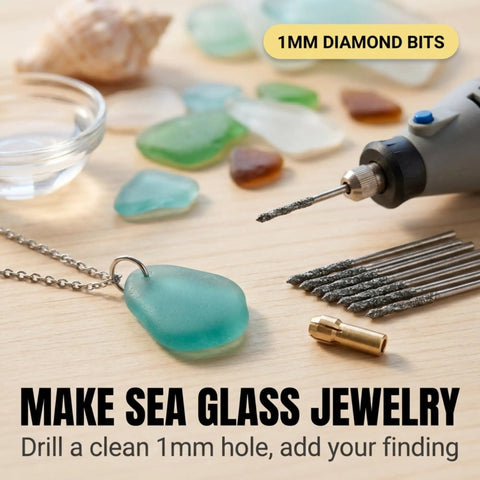 1mm Diamond Drill Bit Set With Collet 20Piece Pro Grade Glass Stone Seashells And Gemstones Drill Bits For Dremel Rotary Tools Jewelry Making And DIY Craft Projects shown with Dremel tool, sea glass and pendant