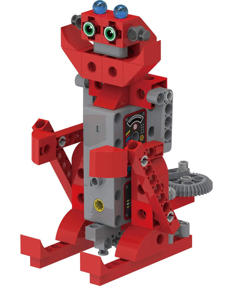Red and gray motorized robot from Hands On Robot Factory STEM Kit For Kids Ages Five And Up Build Eight Motorized Robots With A Storybook Guide