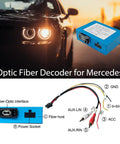Optic fiber decoder box for Mercedes, blue module with fiber interface and power socket shown beside a car.