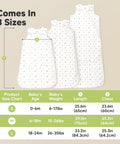 Three sizes of Two Pack Organic Cotton Baby Sleep Sacks 0.5 TOG For 6 To 18 Months Butterflies Pattern with size chart