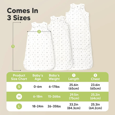 Three sizes of Two Pack Organic Cotton Baby Sleep Sacks 0.5 TOG For 6 To 18 Months Butterflies Pattern with size chart