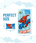 Image showing Spiderman Slumber Bag and Pillow Set, 54 X 27 Inch Cozy Indoor Sleeping Bag, 2 piece blue Marvel theme with dimensions.