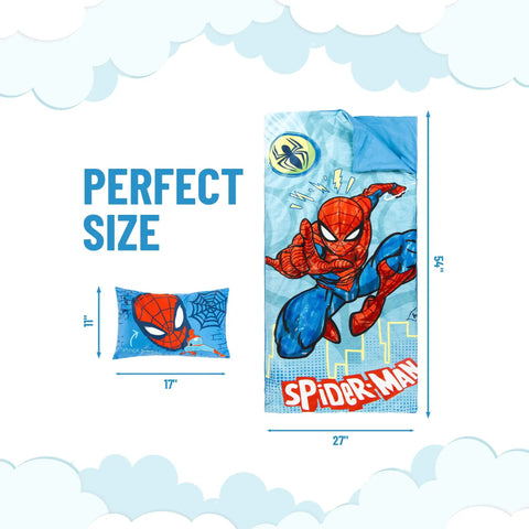 Image showing Spiderman Slumber Bag and Pillow Set, 54 X 27 Inch Cozy Indoor Sleeping Bag, 2 piece blue Marvel theme with dimensions.