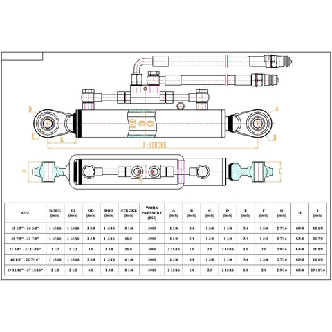 Diagram of Kingway Cat 1 Hydraulic Top Link Cylinder with dimensions and specifications for tractor three point hitch.
