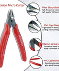 2 Pack 5 Inch Micro Flush Cutters With Spring Loaded Action, red handle, close-up on sharp blades and spring mechanism
