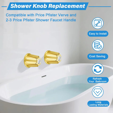 Polished Gold Shower Knob Set Two Piece Replacement For Verve Faucet Handles With 12 Tooth Valve Stem Hot And Cold Trim Kit on bathtub