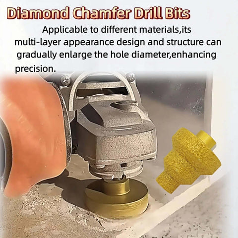 Diamond step drill bit set (20/35/50 mm), diamond-coated for tile and concrete, shown with angle grinder