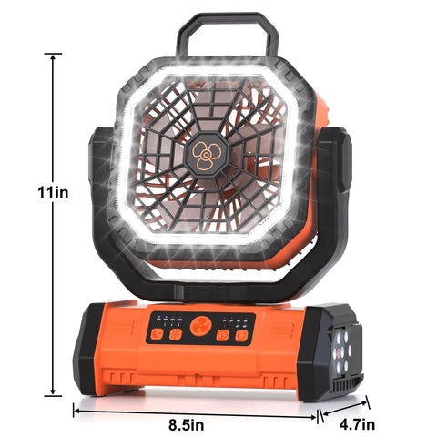 Portable 20000mAh Rechargeable Camping Fan With LED Light Remote USB C and USB A Charging 4 Speeds Timer Hanging Hook