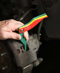 Using 8 Piece Metal Brake Gauge Tool Set for Sheet Metal, 20 Gauge on brake lining, color-coded gauge measures thickness, SAE/Metric.