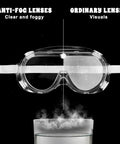 Ten Pack Anti Fog Lab Goggles Over Glasses Safety Eyewear showing anti-fog vs ordinary lenses with steam demonstration.