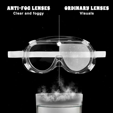 Ten Pack Anti Fog Lab Goggles Over Glasses Safety Eyewear showing anti-fog vs ordinary lenses with steam demonstration.