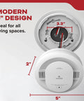 Hardwired Smoke Alarm With Ten Year Battery Backup, Interconnectable Alarm System With LED Status Lights And 85 Decibel Siren, Five Inch Unit Model 20SA10, One Pack, Faster Smoke Detection For Homes; image shows measurements and features on packaging.