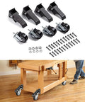 Heavy Duty Retractable Workbench Caster Kit Set Of Four With Hella Sturdy Side Mounting Brackets And Rock Solid 300 Kilogram Capacity For Ultra Smooth Table Rolling Upgrades, including wheels and brackets.