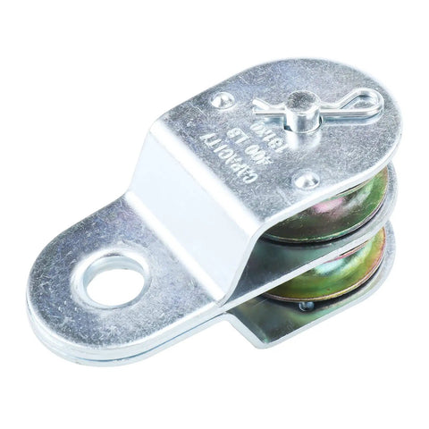 Badass Heavy Duty Two Pack One Point Five Inch Steel Double Pulleys Rated Solid For 400 Lbs Zinc Coated single pulley side view.