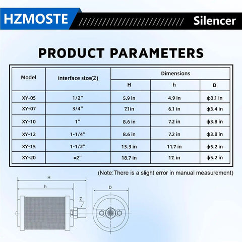 Table of product parameters for HZMOSTE exhaust silencers with dimensions and interface sizes for various models.