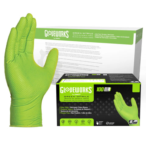 Heavy Duty Green Nitrile Disposable Gloves With Raised Diamond Texture 8 Mil Thick Latex Free X Large Industrial Grade For Tough Jobs Grippy Case Of 1000